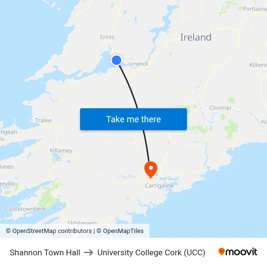 Shannon Town Hall to University College Cork (UCC) map