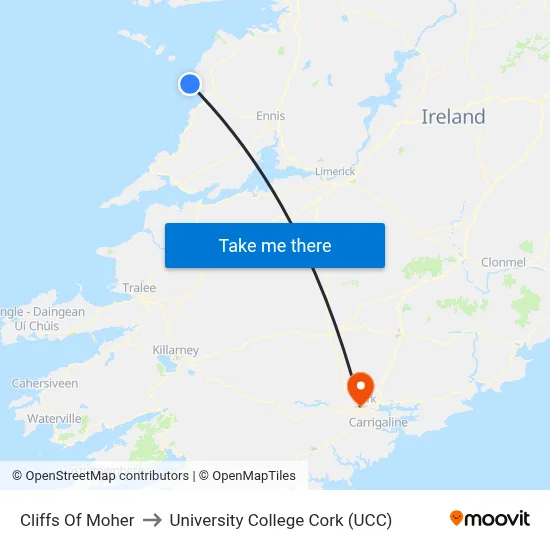Cliffs Of Moher to University College Cork (UCC) map