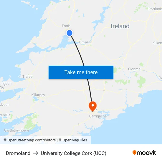 Dromoland to University College Cork (UCC) map