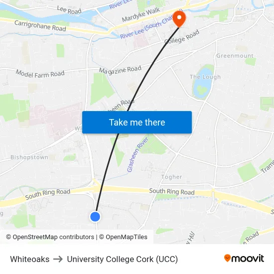Whiteoaks to University College Cork (UCC) map