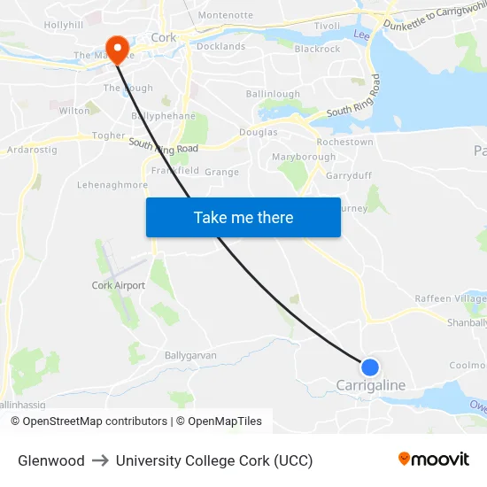 Glenwood to University College Cork (UCC) map