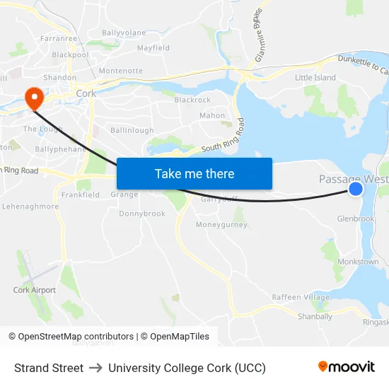 Strand Street to University College Cork (UCC) map