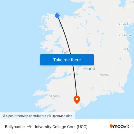 Ballycastle to University College Cork (UCC) map