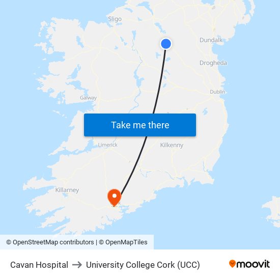 Cavan Hospital to University College Cork (UCC) map