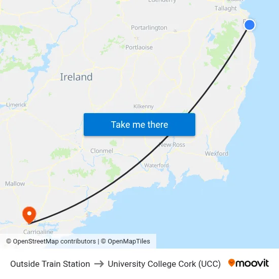 Outside Train Station to University College Cork (UCC) map