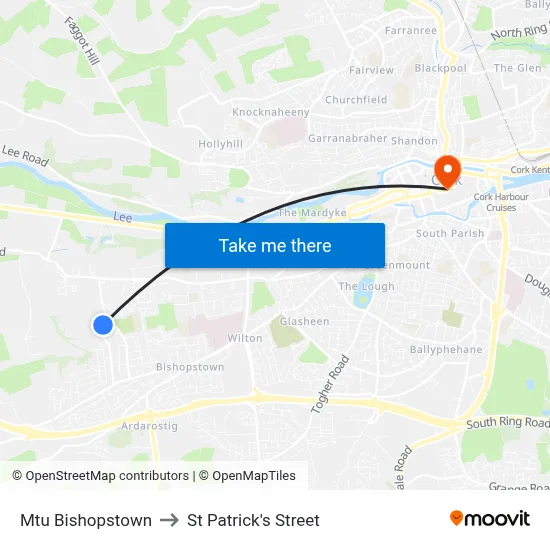 Mtu Bishopstown to St Patrick's Street map