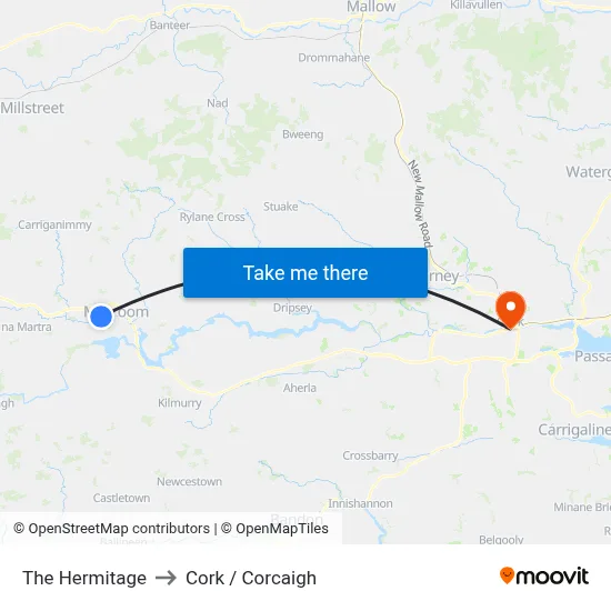 The Hermitage to Cork / Corcaigh map