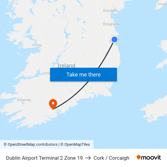 Dublin Airport Terminal 2 Zone 19 to Cork / Corcaigh map