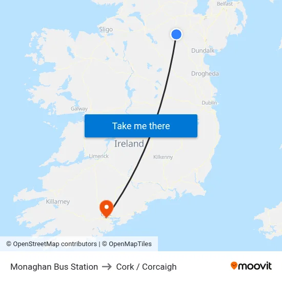 Monaghan Bus Station to Cork / Corcaigh map