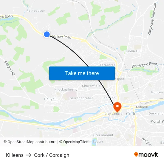Killeens to Cork / Corcaigh map