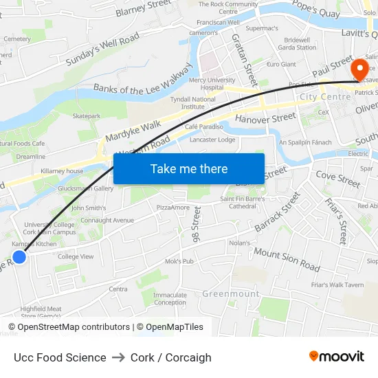 Ucc Food Science to Cork / Corcaigh map