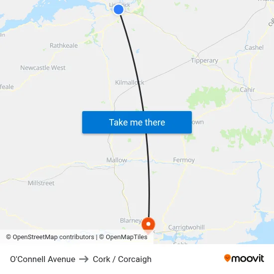 O'Connell Avenue to Cork / Corcaigh map