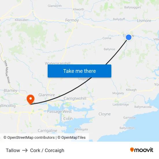 Tallow to Cork / Corcaigh map
