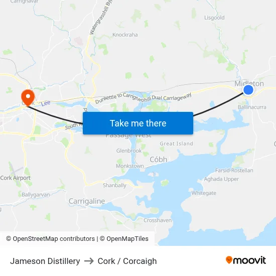 Jameson Distillery to Cork / Corcaigh map