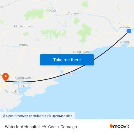 Waterford Hospital to Cork / Corcaigh map