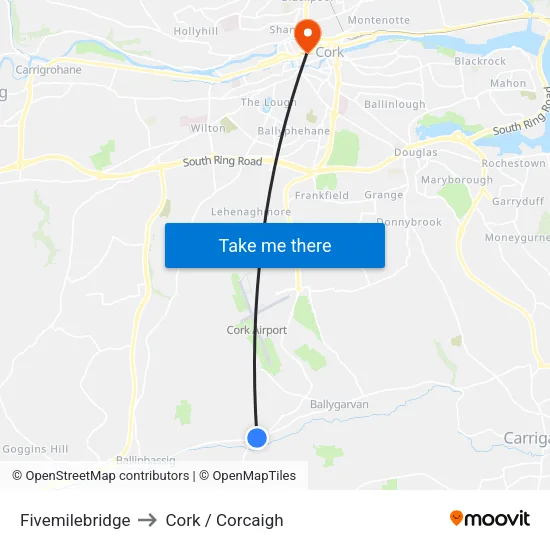 Fivemilebridge to Cork / Corcaigh map
