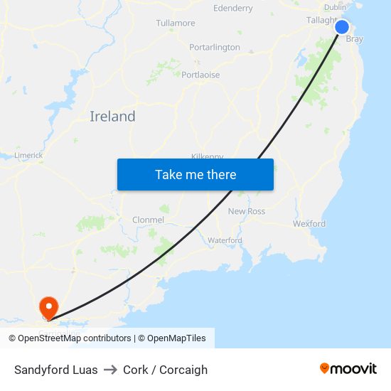 Sandyford Luas to Cork / Corcaigh map