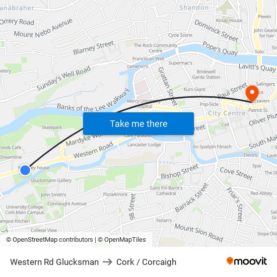 Western Rd Glucksman to Cork / Corcaigh map