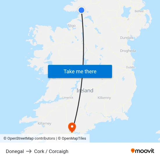 Donegal to Cork / Corcaigh map