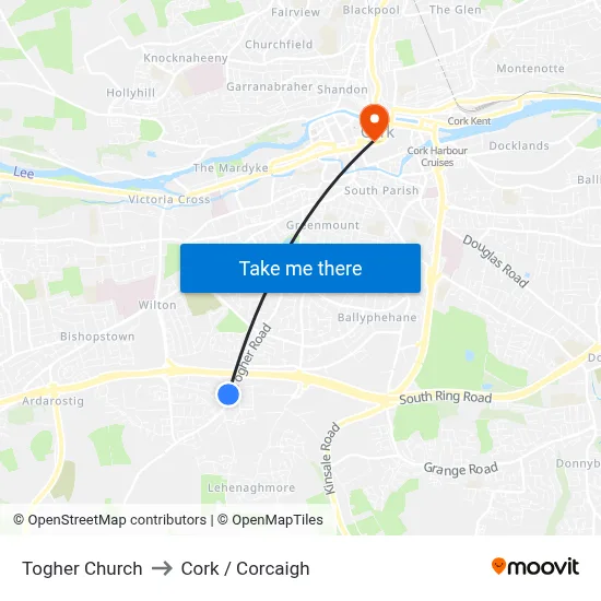 Togher Church to Cork / Corcaigh map