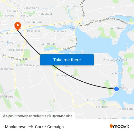Monkstown to Cork / Corcaigh map