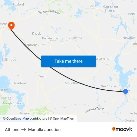 Athlone to Manulla Junction map
