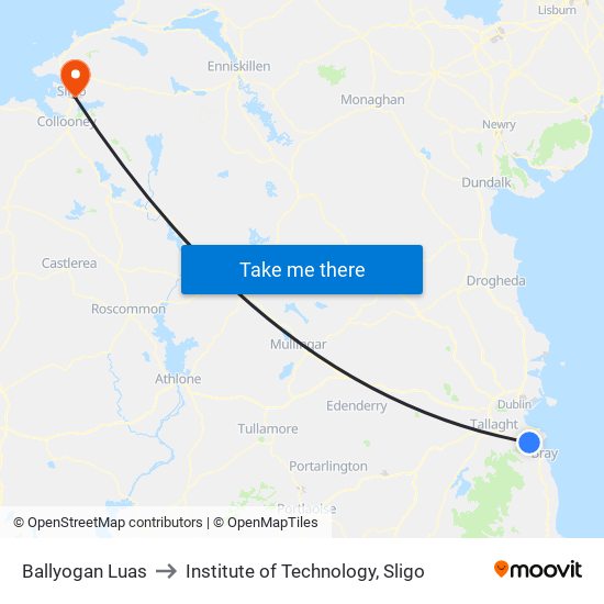 Ballyogan Luas to Institute of Technology, Sligo map