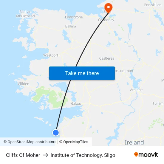 Cliffs Of Moher to Institute of Technology, Sligo map