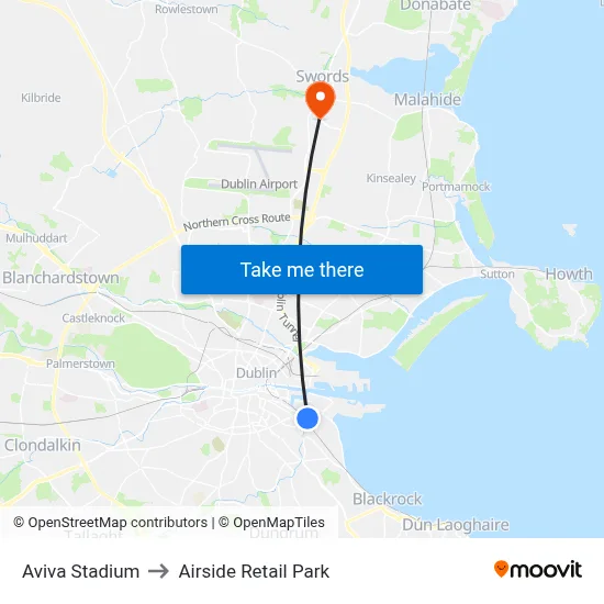 Aviva Stadium to Airside Retail Park map