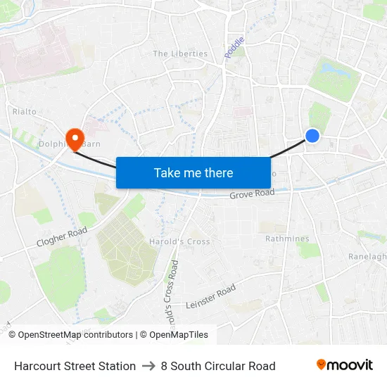 Harcourt Street Station to 8 South Circular Road map