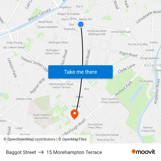 Baggot Street to 15 Morehampton Terrace map