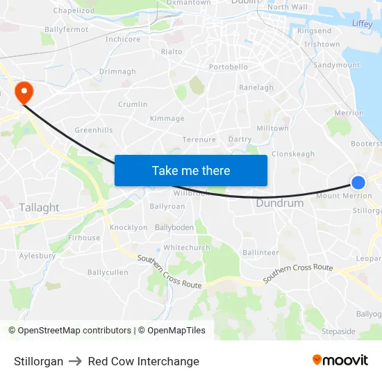 Stillorgan to Red Cow Interchange map