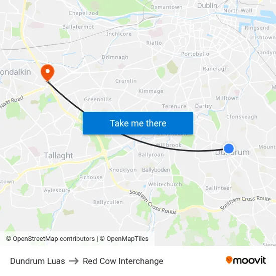 Dundrum Luas to Red Cow Interchange map