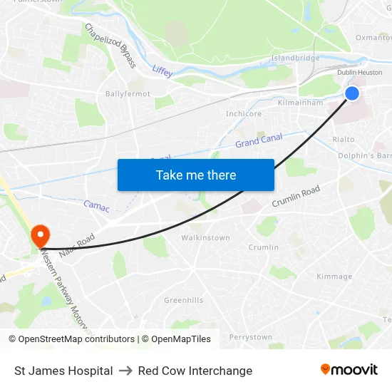 St James Hospital to Red Cow Interchange map