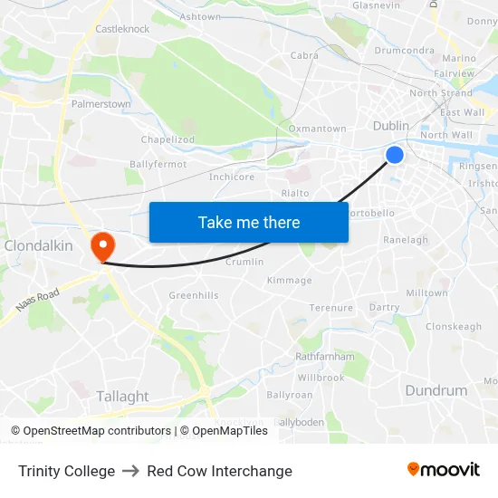 Trinity College to Red Cow Interchange map