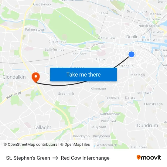 St. Stephen's Green to Red Cow Interchange map