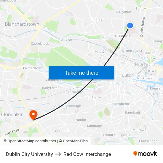 Dublin City University to Red Cow Interchange map