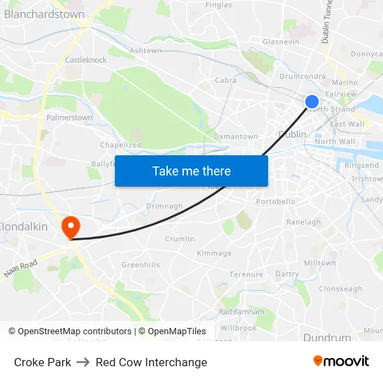 Croke Park to Red Cow Interchange map