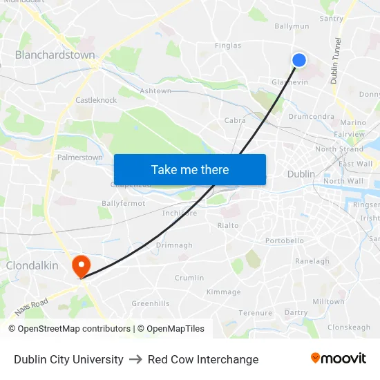 Dublin City University to Red Cow Interchange map