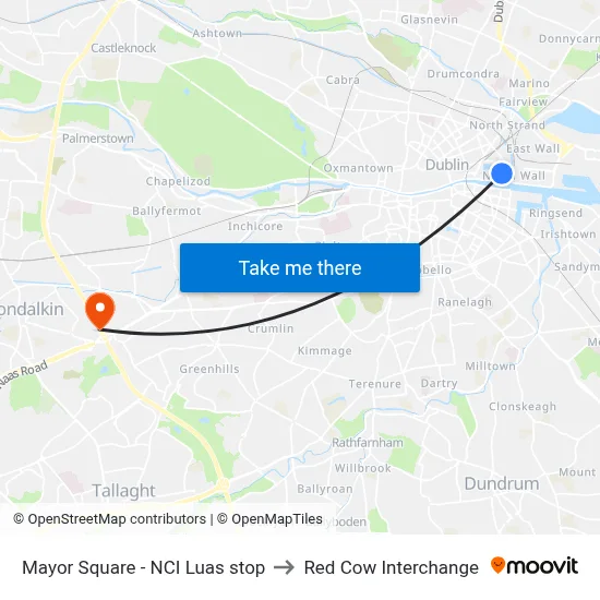 Mayor Square - NCI Luas stop to Red Cow Interchange map