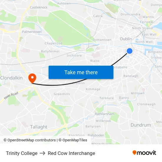 Trinity College to Red Cow Interchange map