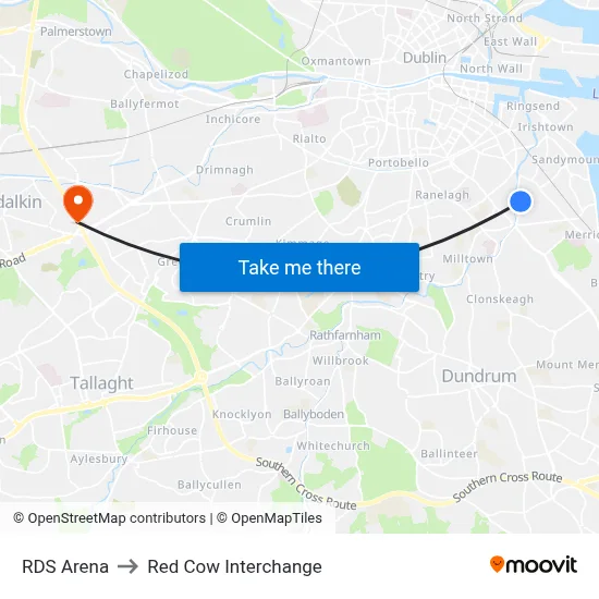RDS Arena to Red Cow Interchange map