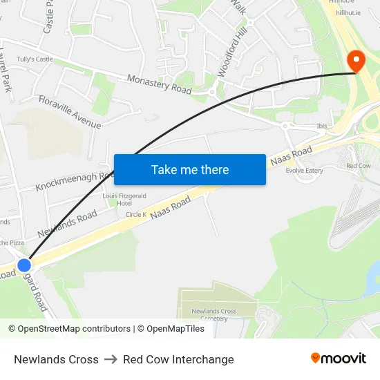 Newlands Cross to Red Cow Interchange map
