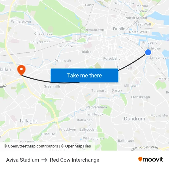 Aviva Stadium to Red Cow Interchange map