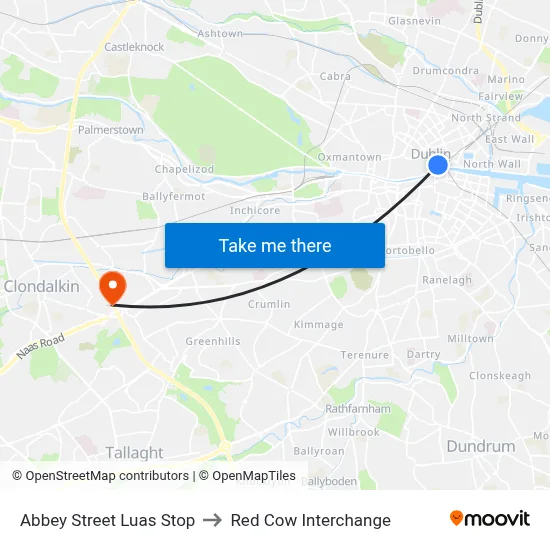 Abbey Street Luas Stop to Red Cow Interchange map