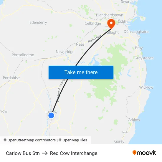Carlow Bus Stn to Red Cow Interchange map