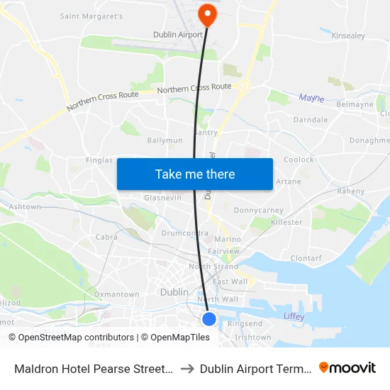 Maldron Hotel Pearse Street Dublin to Dublin Airport Terminal 2 map