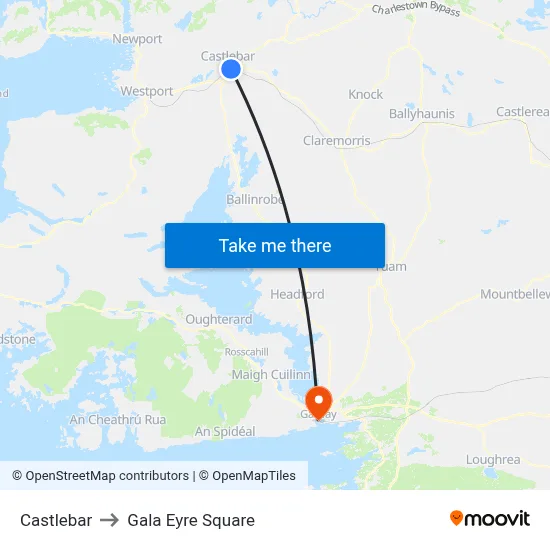 Castlebar to Gala Eyre Square map