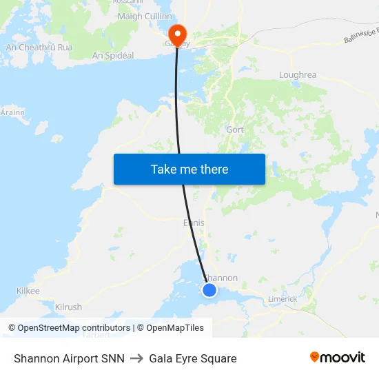 Shannon Airport SNN to Gala Eyre Square map