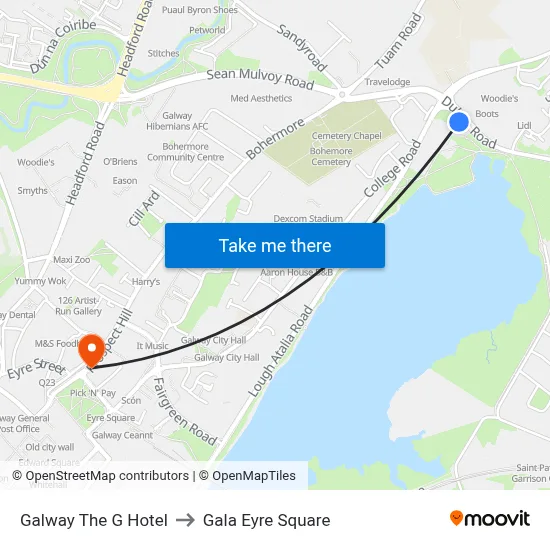 Galway The G Hotel to Gala Eyre Square map